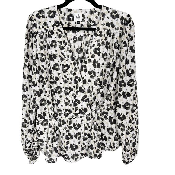 Cabi Medium White Black Gray Rosette Blouse Long Sleeve Print V Neck Wrap #5898 - Picture 1 of 10